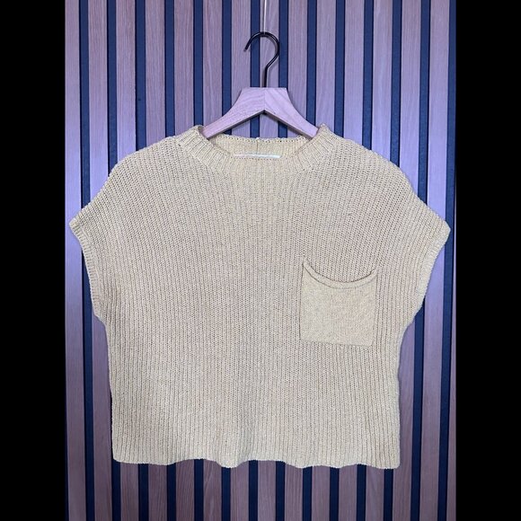 Free People Crotchet T Shirt Small Womens Yellow Beach Knit Pocket Tee - Picture 1 of 7